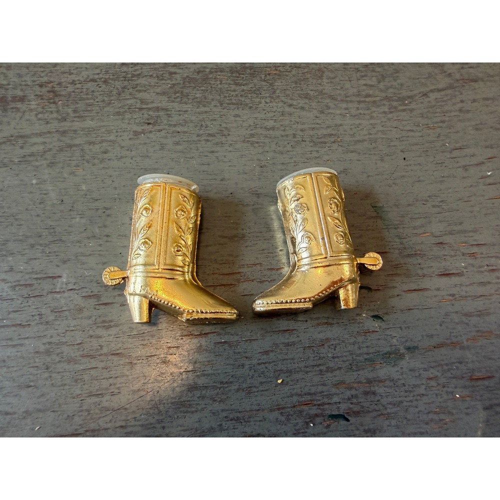 Vintage Gold Tone Cowboy Boot Salt and Pepper Shakers Japan Floral Western Decor